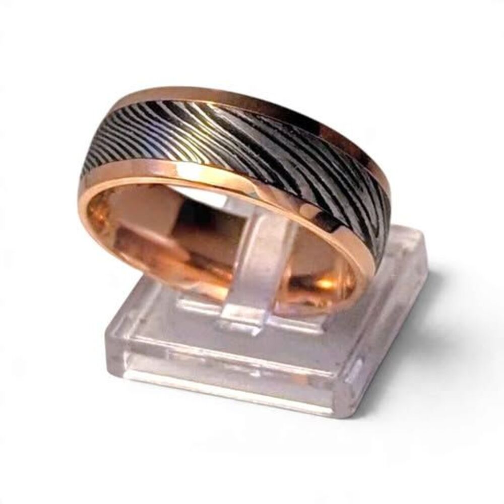 8mm Damascus Rose Gold Tungsten Steel Band Ring Sizes 7 thru 12